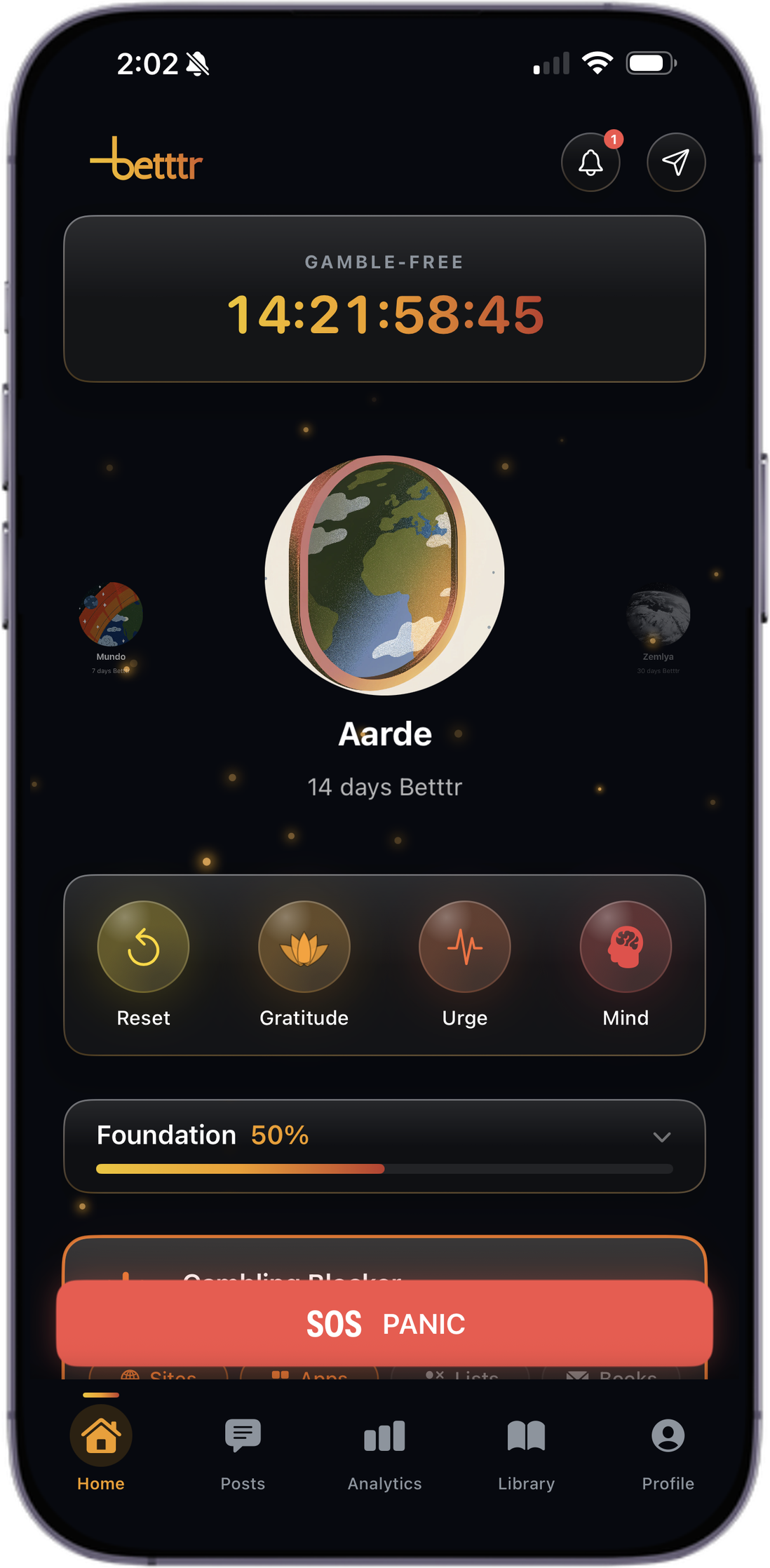 Betttr home screen showing a 14-day gamble-free streak